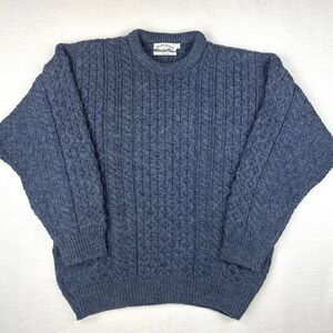 Vtg Arancrafts 100% Wool Fisherman Knit‎ Sweater Crewneck Men Large Blue Gorp
